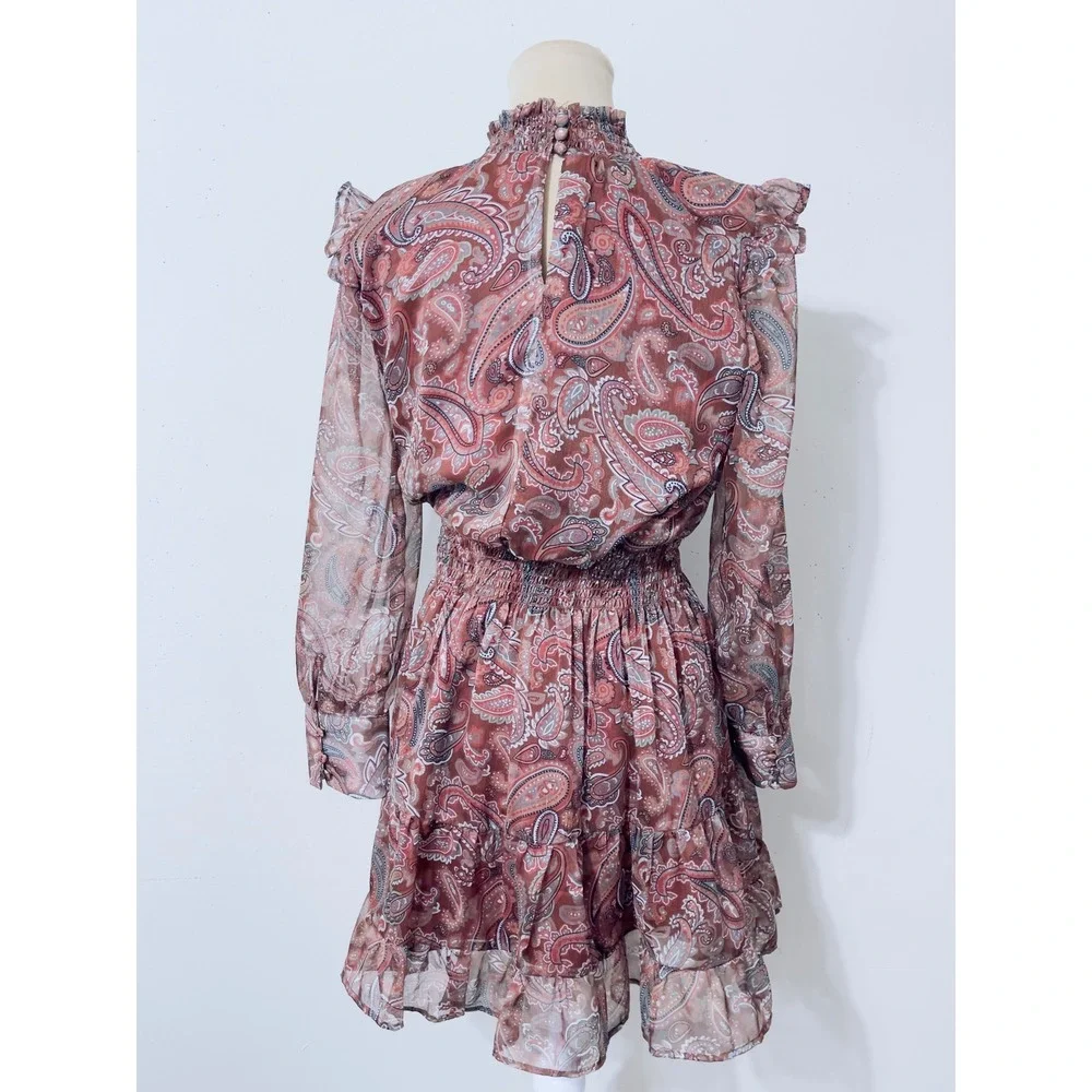 Sunday Up Women Paisley Smocked‎ Waist Ruffle Dress Medium Terracotta Boho Mini